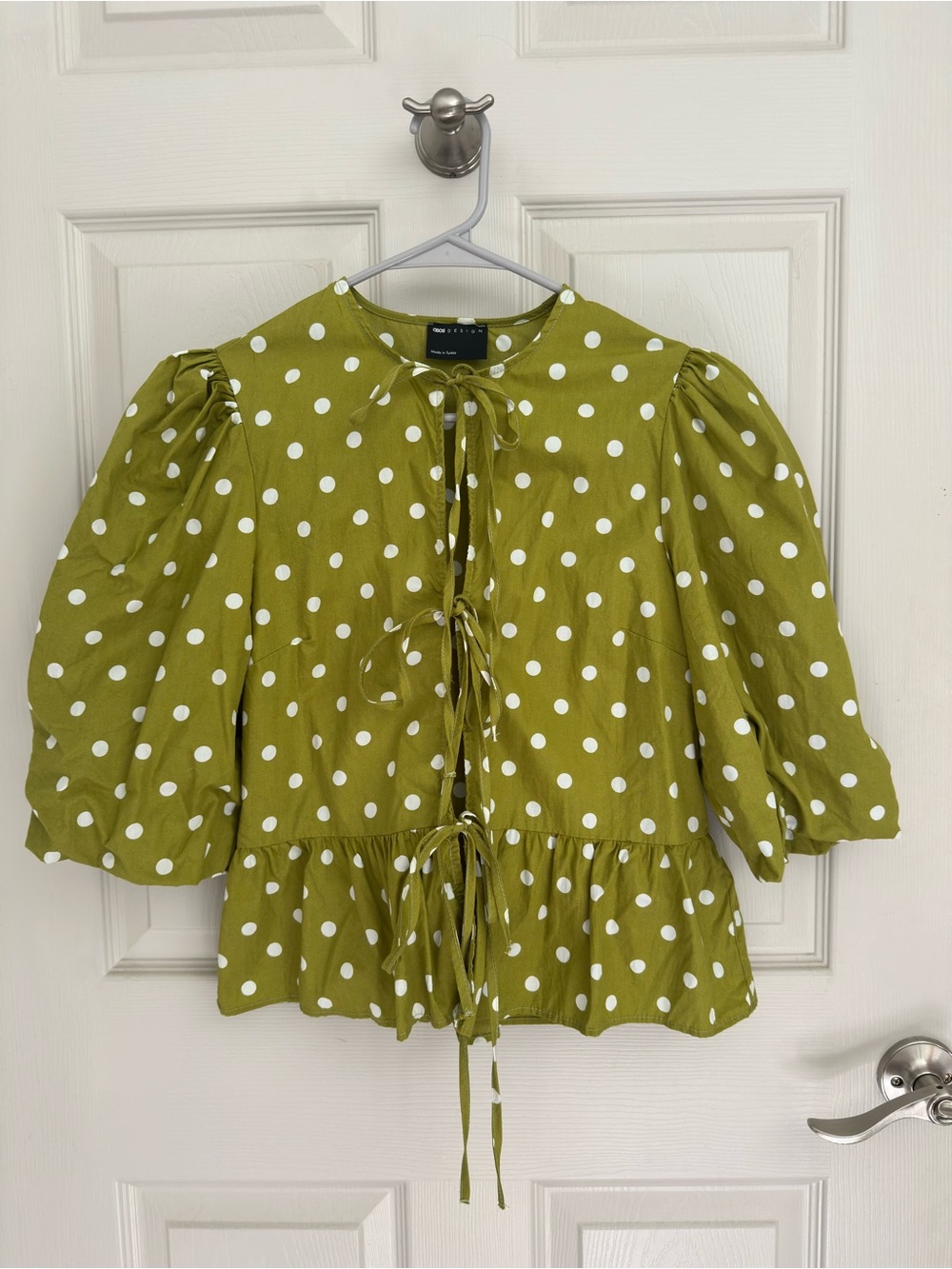 ASOS Olive Green Polka Dot Tie-Front Peplum Blouse